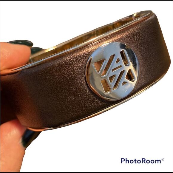 ANNE KLEIN Gold-Tone Cuff Bangle Bracelet with Leather Size 3.5” - Picture 2 of 7